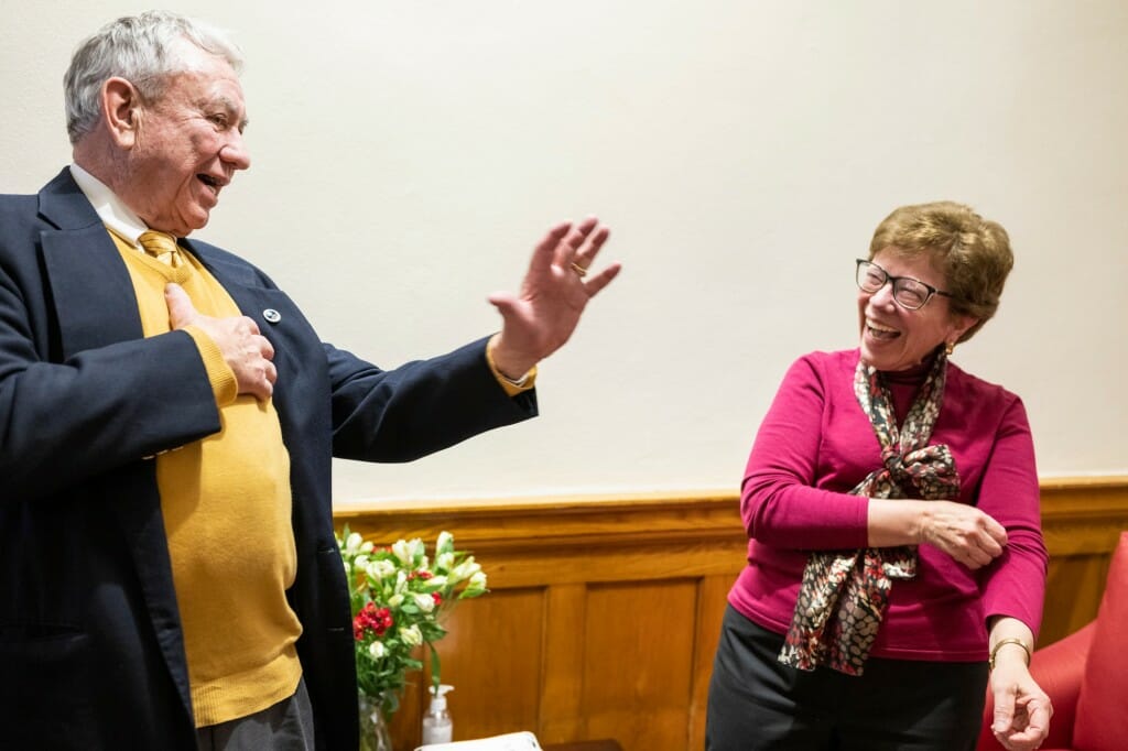 Thompson and Blank share a laugh during his visit to Bascom Hall.