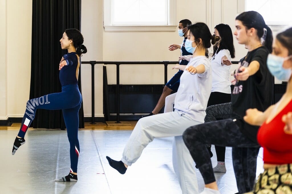Professor Michelle Ramos leads a course in modern jazz dance in Lathrop Hall.