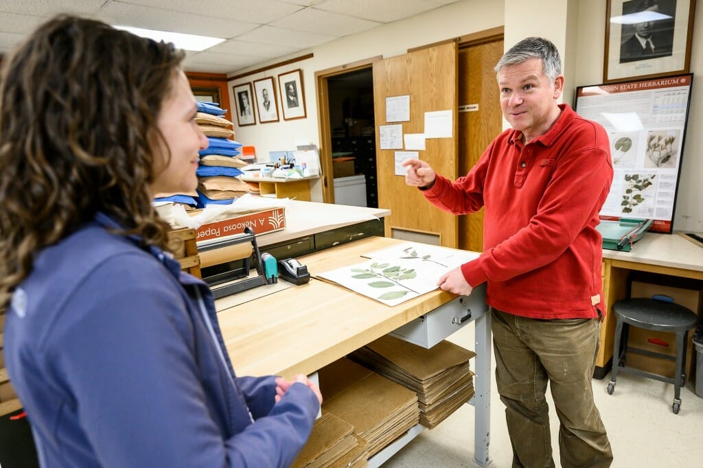 At right, Ken Cameron, director of the Wisconsin State Herbarium shows undergraduate student Sarah LoBorde (left) specimens from the collections at Birge Hall.