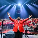 Corey Pompey, the Michael E. Leckrone director of athletic bands, thanks the crowd during the final moments of the UW Varsity Band Spring Concert in the Kohl Center.