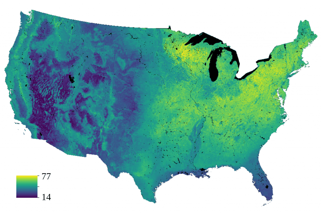 A map of the United States, tinted in green and blue.