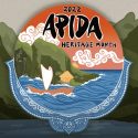 The words APIDA heritage month over an artist's depiction of mountains, sun and water