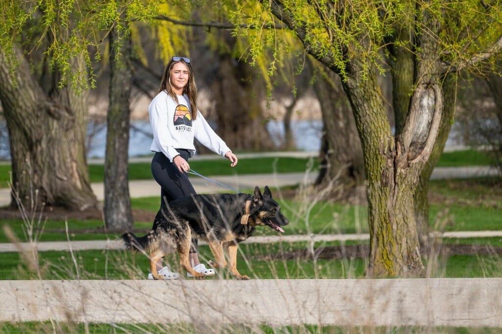 A woman walking a dog on a leash along an outdoor nature trail