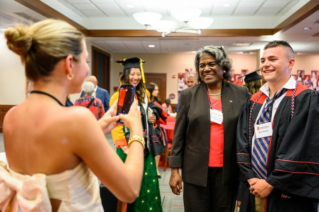 Linda Thomas-Greenfield, U.S. Ambassador to the United Nations, poses for a photo with Ben Keeler at the Commencement Luncheon.