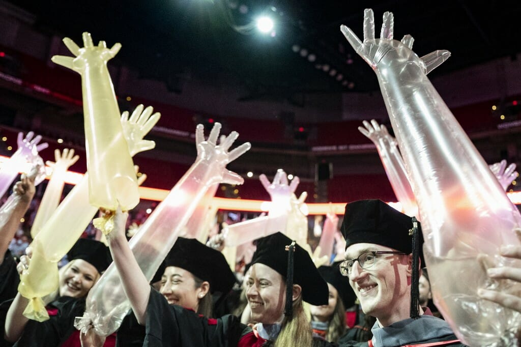 People in caps and gowns holding up inflated rubber gloves, a veterinary student tradition
