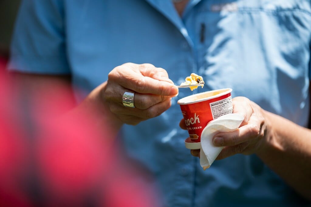 Closeup of a person's hand scooping ice cream from a paper cup