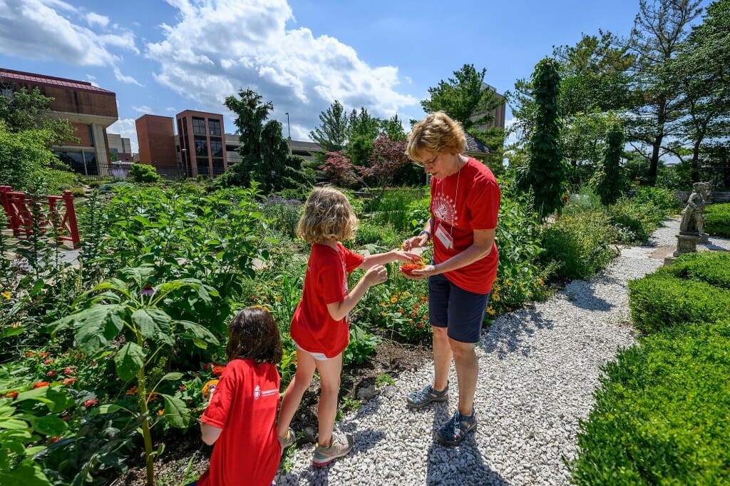 A girl hands flowers to a woman, in a garden.