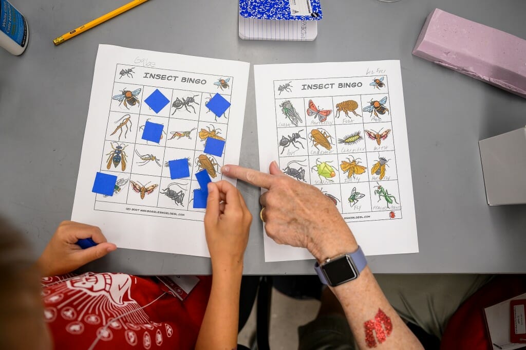 Two people look at a book, their hands pointing to images.