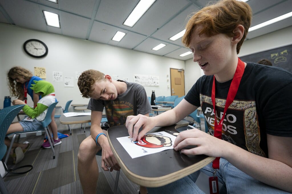 At a weeklong Badger Precollege camp to learn about Anime and Japanese culture on July 14, students play ‘Fukuwarai’, a Japanese children’s game where players attempt to place facial features on a drawing while blindfolded.