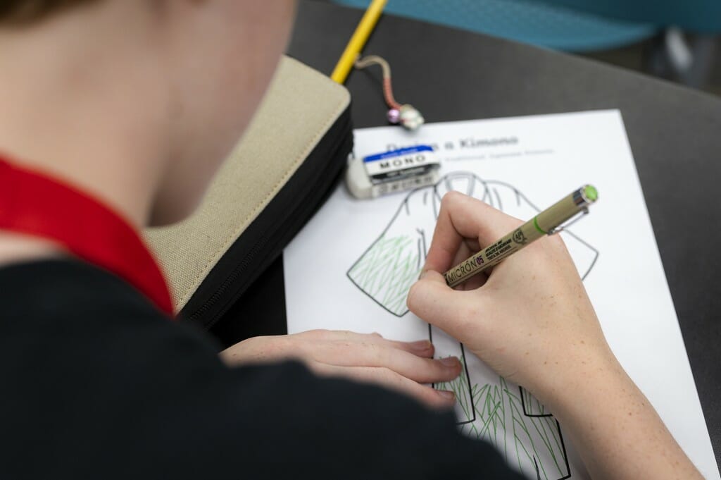 A student designs a kimono for a part of the final project in the Badger Precollege camp on Japanese culture.