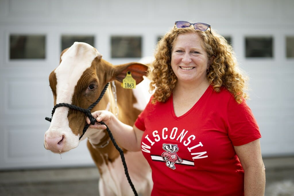 Chancellor Mnookin holds on to a cow at the Brown County Fair.