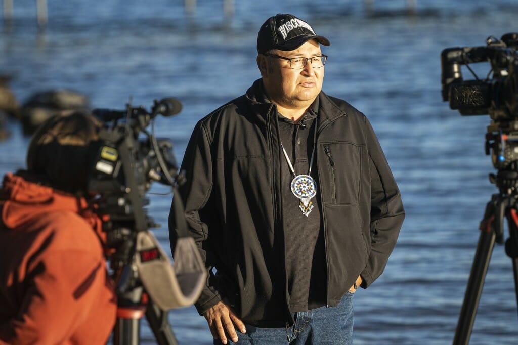 Bill Quackenbush, tribal historic preservation officer for the Ho-Chunk Nation and member of the Deer clan, speaks to reporters during the recovery of the canoe.