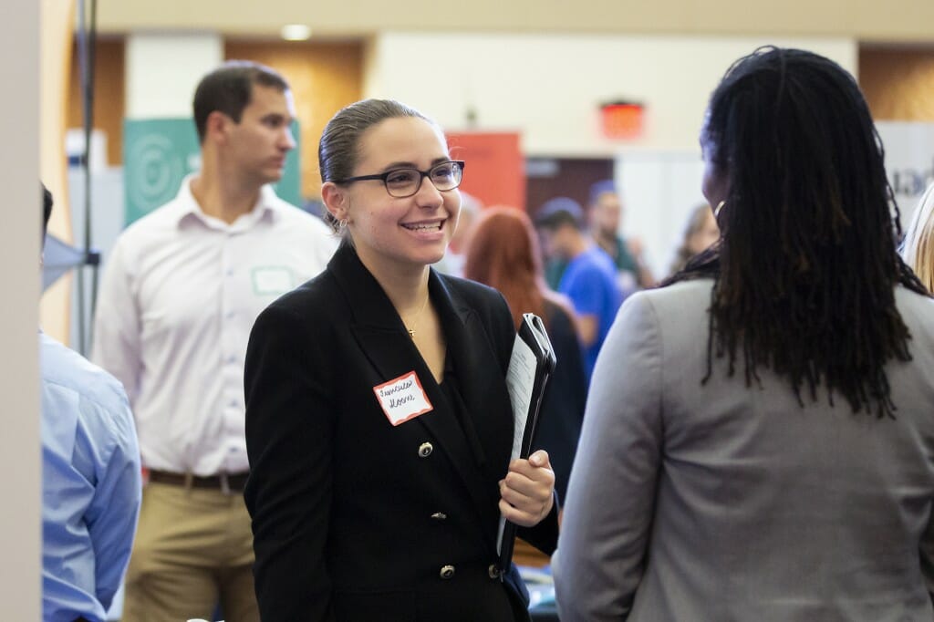 Francesca Sloane, a first-year undergraduate, listens to insight into job opportunities.