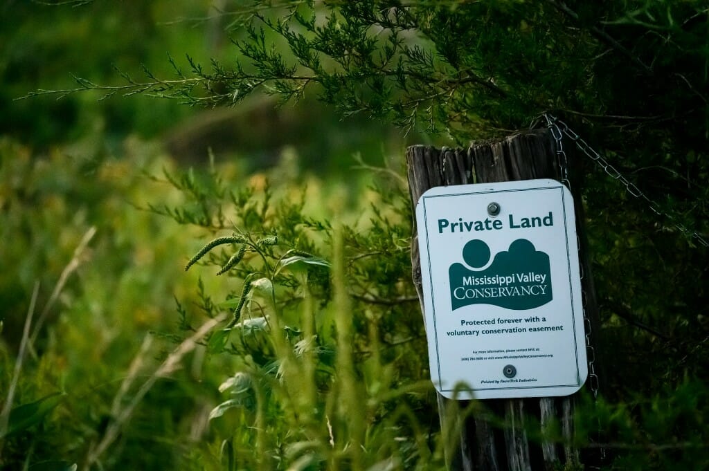 A white and green sign identifies private land that is part of the Mississippi Valley Conservancy.  Yellow flowers are in the background.