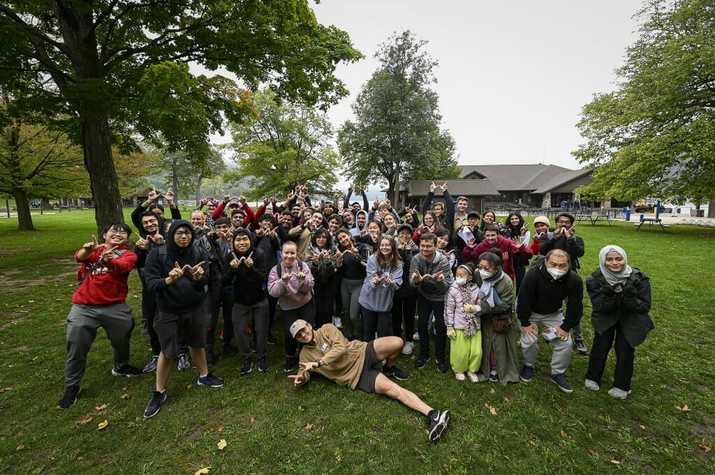 A large group photo of students at a state park