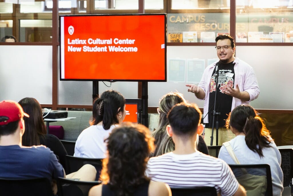 Cristian Noriega, the Latinx Cultural Center Program Coordinator, speaks to students at the Latinx Student Welcome.