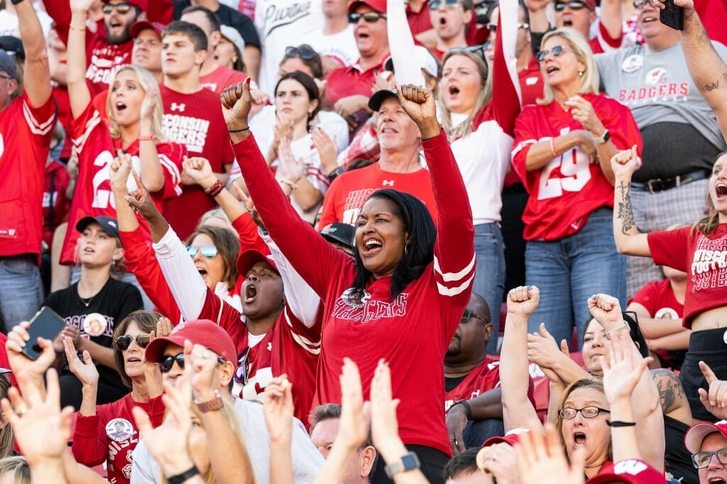 Badger fans cheer on the team during the Homecoming game.