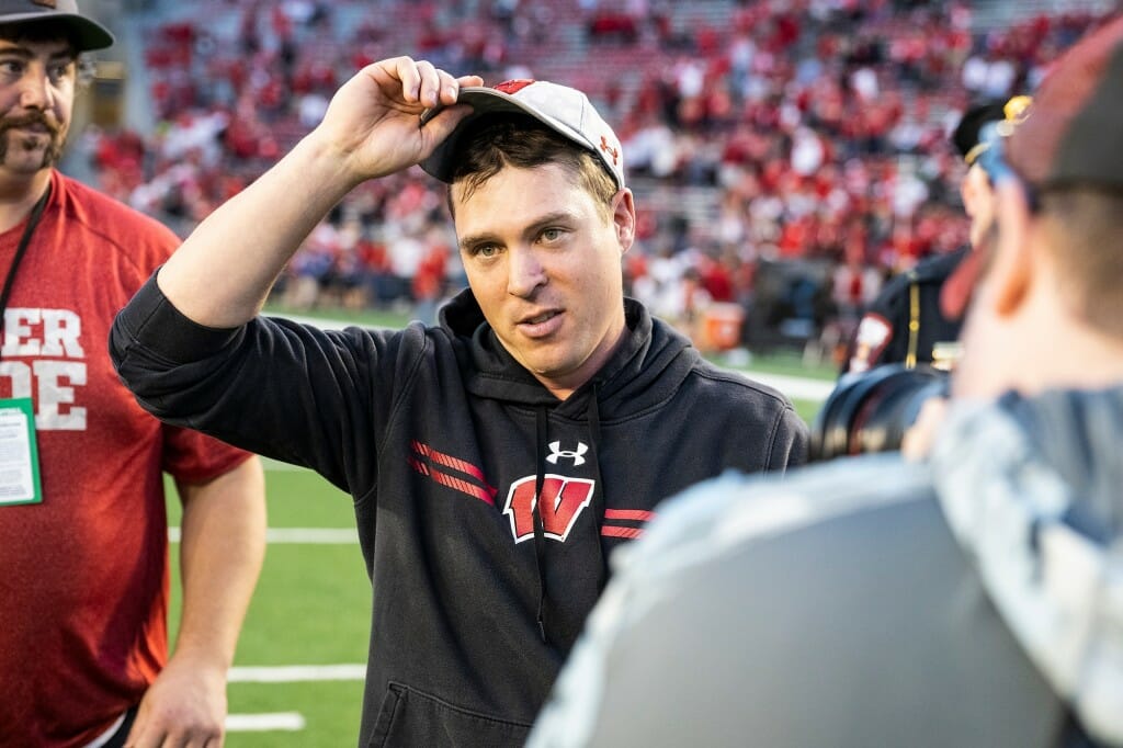 Jim Leonhard tips his hat to his first home game win as Wisconsin’s interim head coach after the Wisconsin Badgers defeated the Purdue Boilermakers, 35-24.