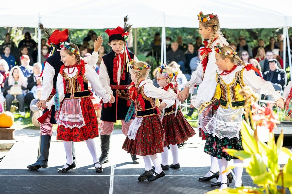 Members of Milwaukee’s Syrena Polish Folk Dance Ensemble perform during the Harvest Folk Festival.