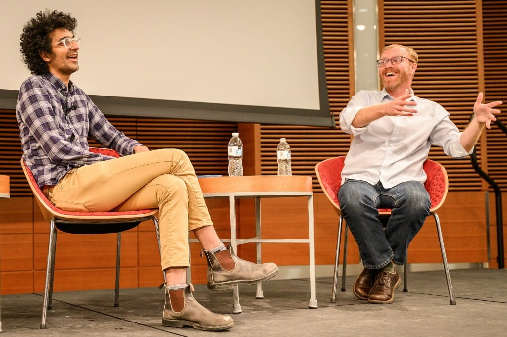 Nasser laughs with Soren Wheeler, Radiolab’s executive editor and a previous UW–Madison Science Journalist in Residence, on stage as they discuss story ideas that Wheeler has nixed.
