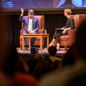 At left, Nate Silver, Public Affairs Journalist in Residence and founder and editor in chief of FiveThirtyEight, gestures as he answers audience questions posed to him by Susan Webb Yackee (at right), director of the La Follette School of Public Affairs, in Shannon Hall in the Wisconsin Union Theater at the University of Wisconsin–Madison on Oct. 26, 2022. The event, Politics & Policy with Nate Silver of FiveThirtyEight, is organized by the La Follette School of Public Affairs. (Photo by Althea Dotzour / UW–Madison)