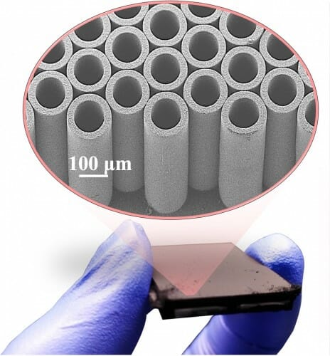 Illustration of the new material, which has a novel architecture that consists of numerous micrometer-scale cylinder structures, each made of many carbon nanotubes.