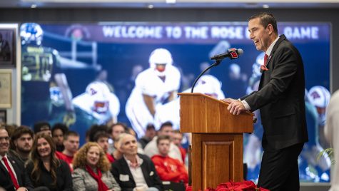 New head football coach Luke Fickell speaks to those in attendance during a welcome event introducing him to the Badger community, which included loyal fans, administrators and members of the current football team, held at the Champions Club inside Camp Randall Stadium at the University of Wisconsin-Madison on Nov. 28, 2022. (Photo by Bryce Richter / UW–Madison)