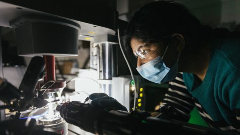 Postdoctoral research associate Komal Chawla studies the architected vertically aligned carbon nanotube foam in the lab.