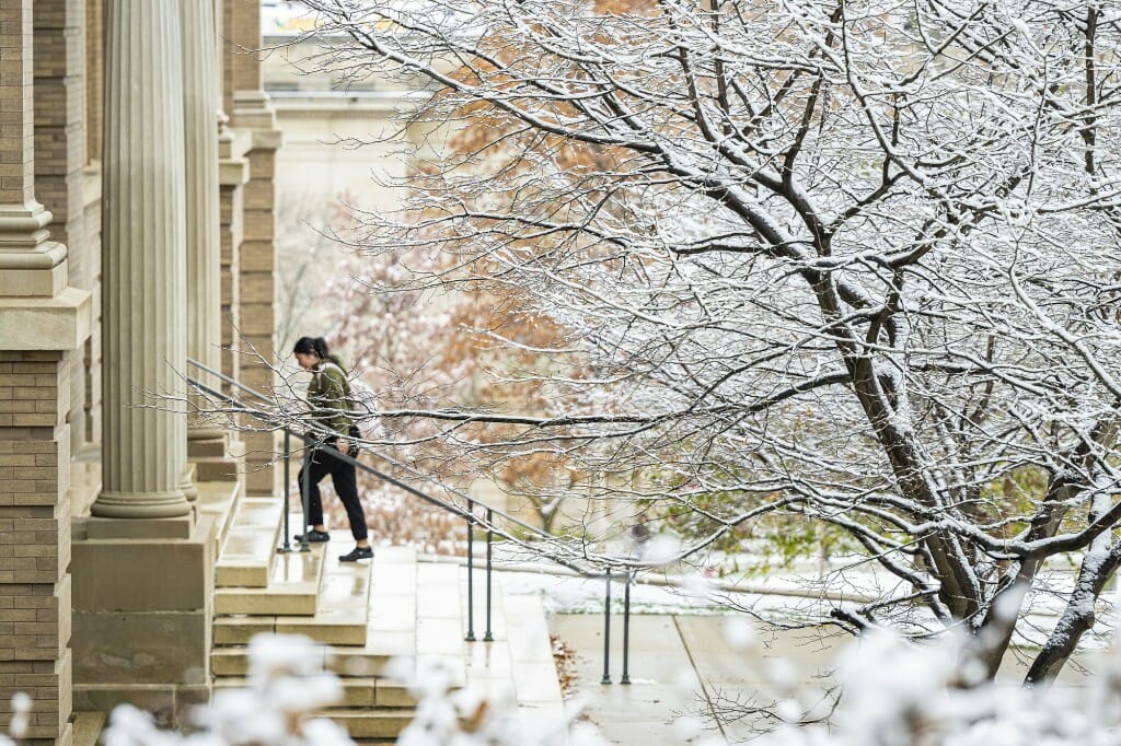 Getting to class got a bit colder this week, as this student entering the Education Building learned.