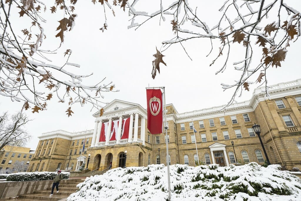View of Bascom Hall on a snowy day.