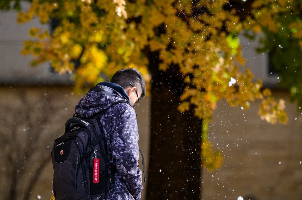 A pedestrian walks near a colorful fall tree during a snowfall near Ingraham Hall.