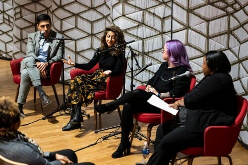 From left to right, Ramtin Arablouei and Rund Abdelfatah, co-hosts and co-producers of NPR's podcast "Throughline," and Kacie Lucchini Butcher, director of UW–Madison's Public History Project, engage in a public panel discussion moderated by Christy Clark-Pujara (at far left), a professor of history in UW–Madison's Department of Afro-American Studies