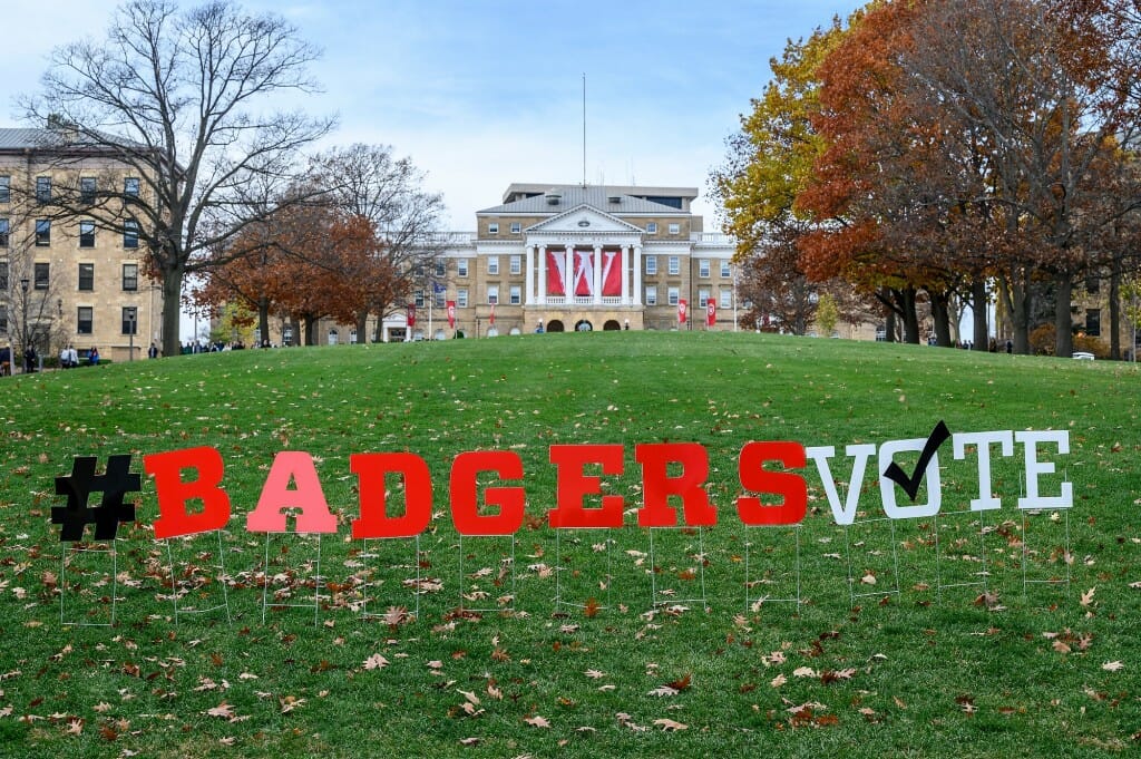 #BadgersVote letters adorn the bottom of Bascom Hill