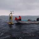 Two men are in a boat on a gray day on Lake Mendota. They lean over to take readings from a buoy.