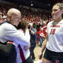 Head coach Kelly Sheffield (left) hugs senior players Shanel Bramschreiber (#5) and Danielle Hart (#18) after the loss to Pitt.
