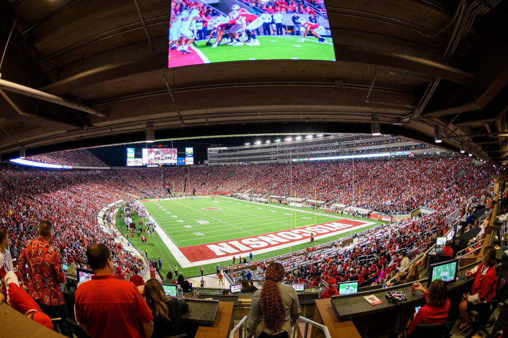 A wide shot of the football pitch and full stands at Camp Randall from the new south end zone section.