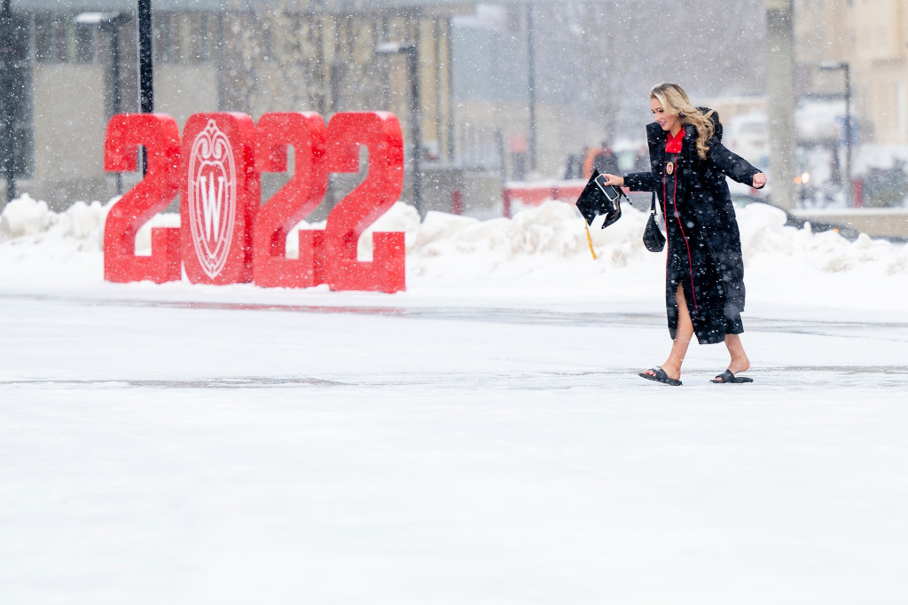 Not even snowfall and cold toes could keep this soon-to-be graduate from getting to the commencement ceremony.