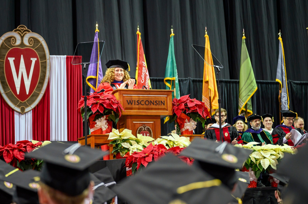 Chancellor Mnookin told the graduates: “This class is extra-special to me — I get to celebrate my very first UW–Madison commencement with you!”