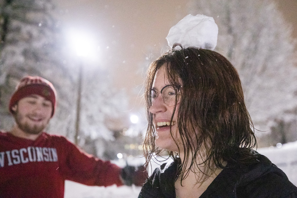 Jenna Crolla balances a snowball on her head, because why not?