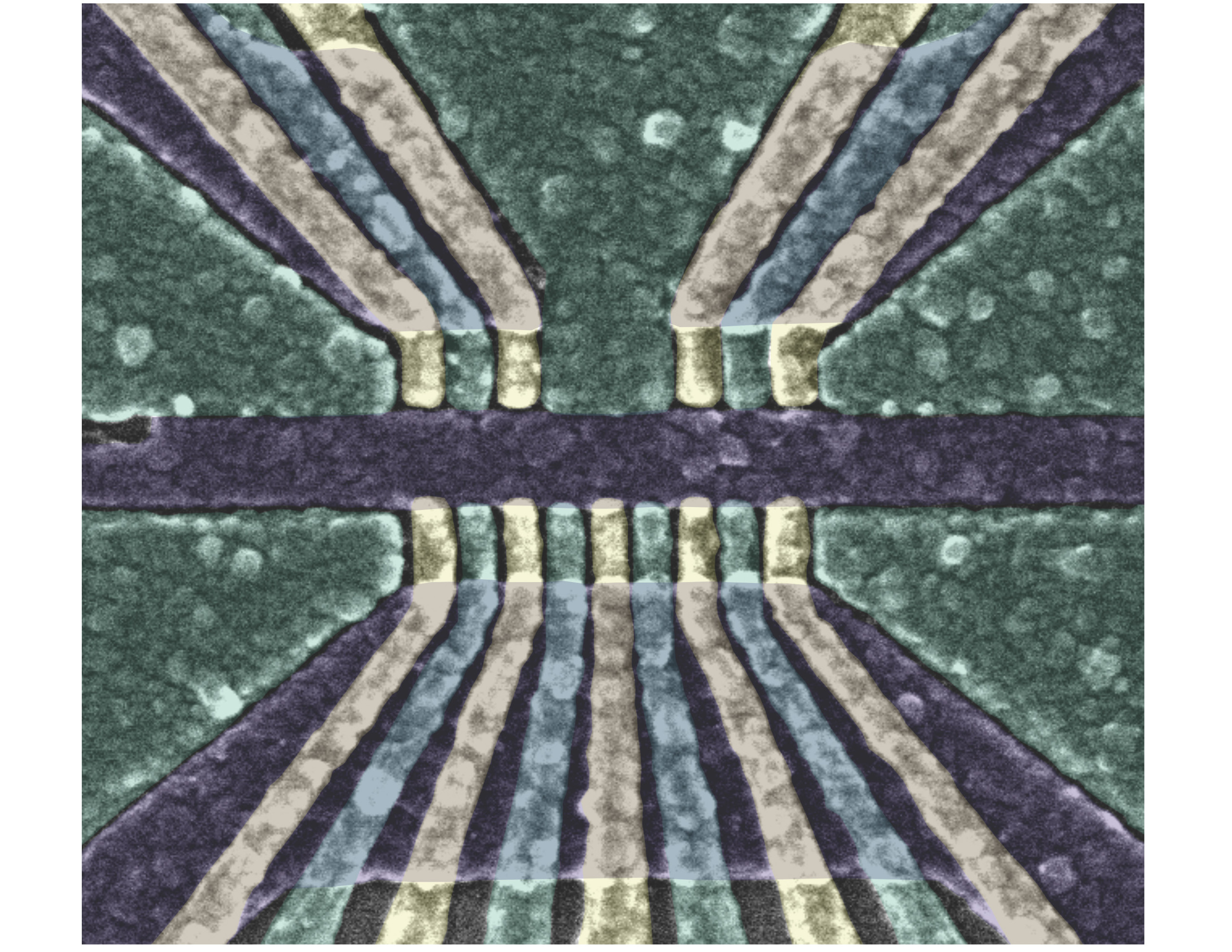 A false-colored scanning electron micrograph of the qubit structure used in this study. The imaged area is about 1,500 nanometers across. For comparison, a human hair is between 50,000 and 100,000 nanometers wide.
