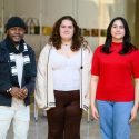 From left to right, Omari Wilondja, Maya Eton Gadlin, and  Natalia Torres, all undergraduates information science majors, pose for a portrait in the Institute for Discovery at the University of Wisconsin–Madison on Feb. 8, 2023. (Photo by Althea Dotzour / UW–Madison)