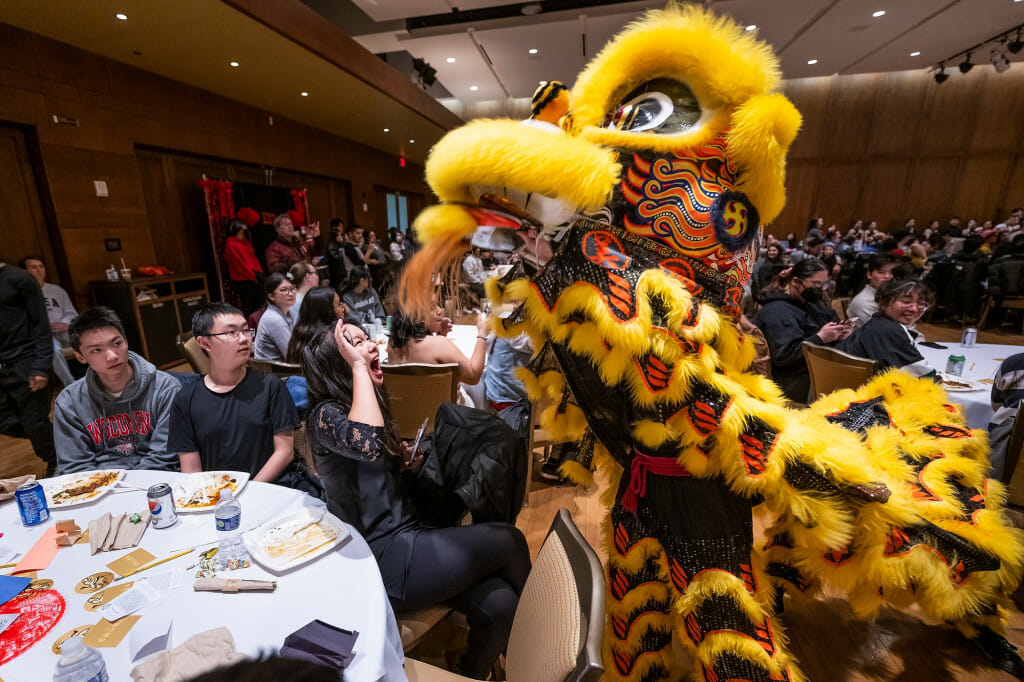 Audience members react as one of several lion dancers from the Zhong Yi Kung Fu Association (of Madison) winds through the crowd during the CHASA celebration.
