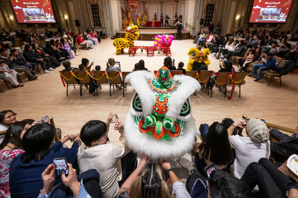Lion dancers from the Zhong Yi Kung Fu Association (of Madison) move through the crowd at the VSA celebration.