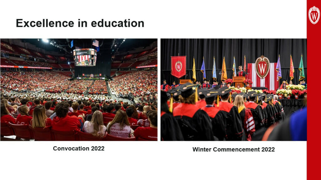 This slide is titled “Excellence in education.” On the left, a photo from Convocation 2022 shows a crowd of students in red and white filling the Kohl Center arena. On the right, a photo of Winter Commencement 2022 with Charlie Berens gigging his address to an audience of graduates in cap and gown.