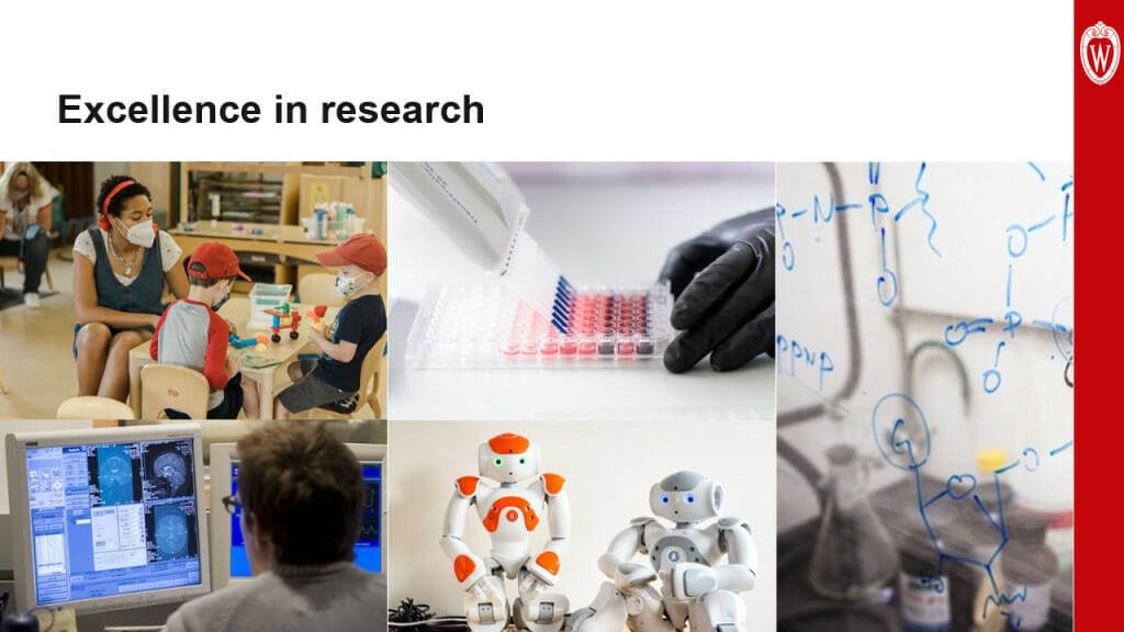 This slide is titled “excellence in research“ and shows a collage of photos: a teacher sits at a small table with young learners working on a puzzle in a laboratory setting; a gloved hand holds a tray as pipettes fill its chambers with colorful liquids; a man sits at computer monitors looking at MRI brain scans; two friendly robots look at the camera; a transparent whiteboard with chemistry symbols and laboratory equipment in the background