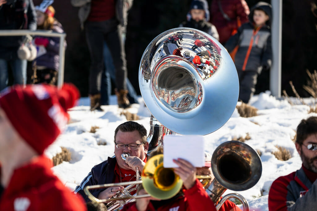 UW–Madison alumni band member Scott Elsner plays a tuba during a Family Fun Day event at Alumni Park during Winter Carnival.