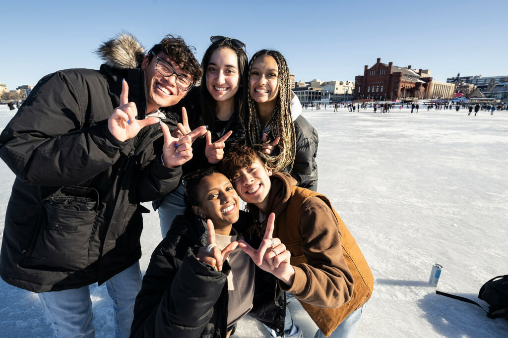 Clockwise from upper left, UW–Madison undergraduate students Andre Sarichith, Alyah Garcia, Mya Brown, Aaron Dong, and Saron Fenta enjoy the frosty fun of Winter Carnival on Lake Mendota.
