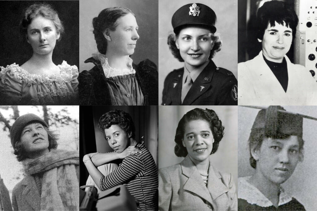 Black and white photos of eight women wearing clothing from past eras, including Victorian, Edwardian, World War II and mid-twentieth century. Clockwise from upper left, are Florence Bascom, Clara Bewick Colby, Signe Skott Cooper, Thelma Estrin, Mabel Watson Raimey, Vel Phillips, Lorraine Hansbury and Mildred Fish-Harnach,