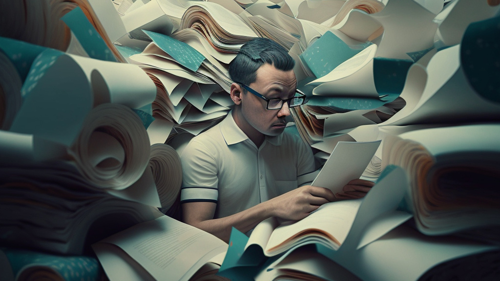 A man wearing glasses and a white polo shirt reads a piece of paper in his hands. He is surrounded by reams of scrolling paper piling up around him and filling the frame. The image is near-photo realistic with an air of magical realism.