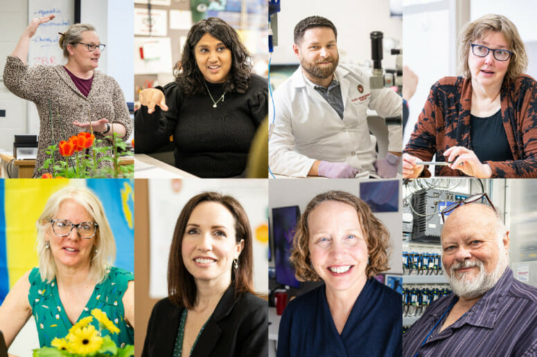 Headshots of the eight 2023 Academic Staff Excellence Award winners, clockwise from top left: Johanna Oosterwyk, Desiree Bates, Aaron M. Dingle, Bill L. Kreamer, Amy Williamson, Alissa Ewer and Dianna L. Murphy